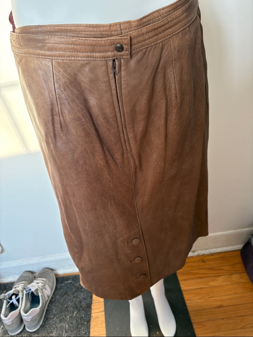 Brown Leather Button-Accent Pencil Skirt